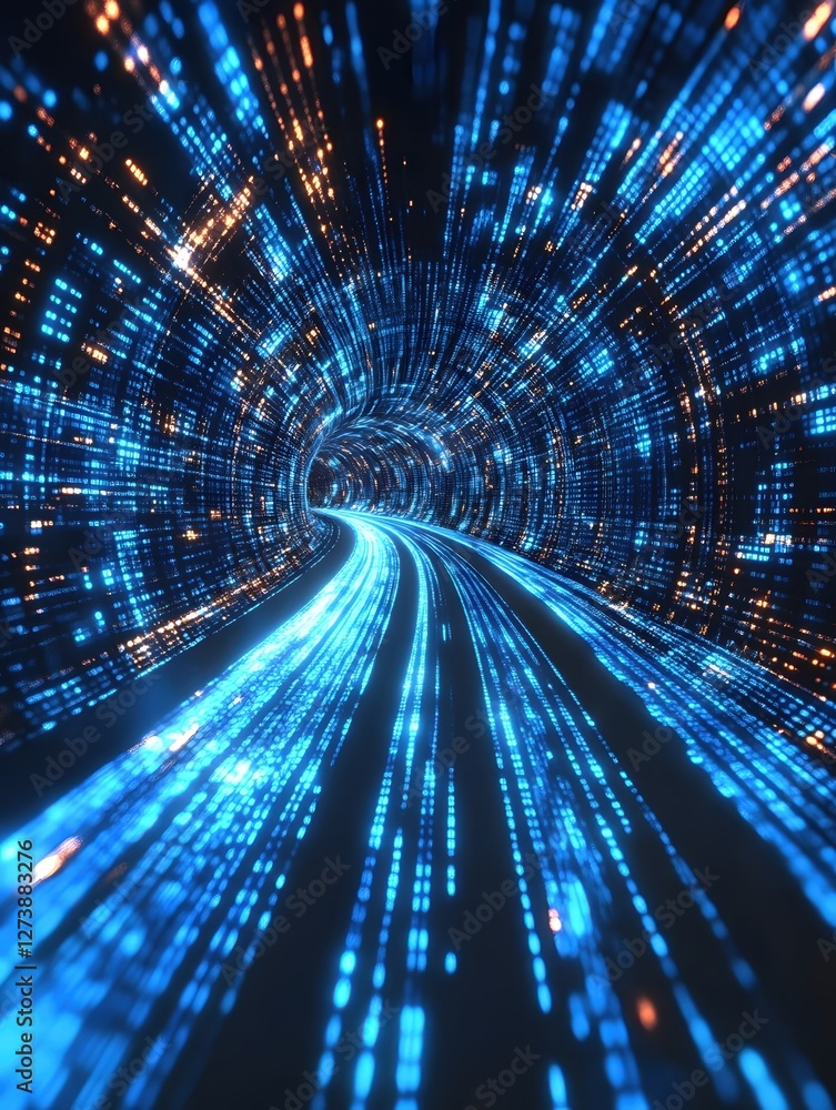 Poster digital tunnel of light glowing data stream in abstract futuristic background concept