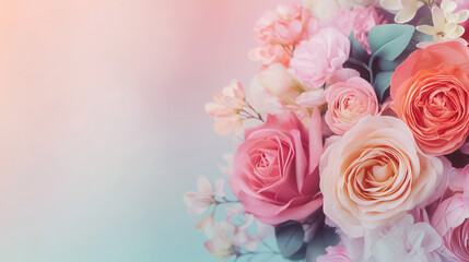 Obraz premium Beautiful floral arrangement with pastel colors and soft background, featuring roses and other flowers, creating serene and elegant atmosphere