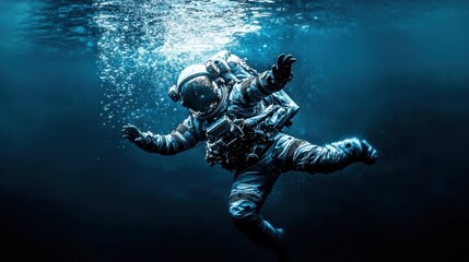 Fototapeta premium Astronaut underwater exploring deep ocean with scuba gear
