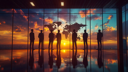 Global visionaries, A team contemplating a world map against a striking sunset vista