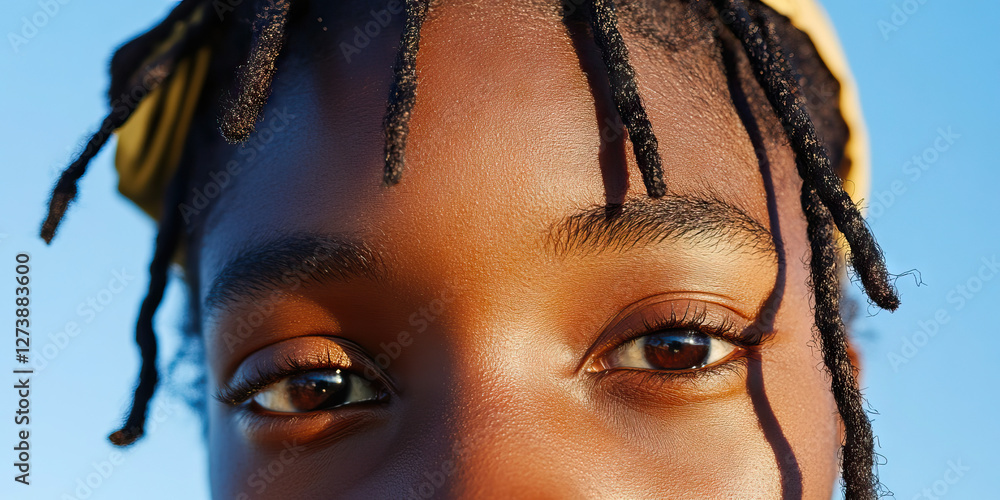 Canvas Prints Close-up Portrait: Eyes, Forehead, and Braids of a Person with Dark Brown Skin