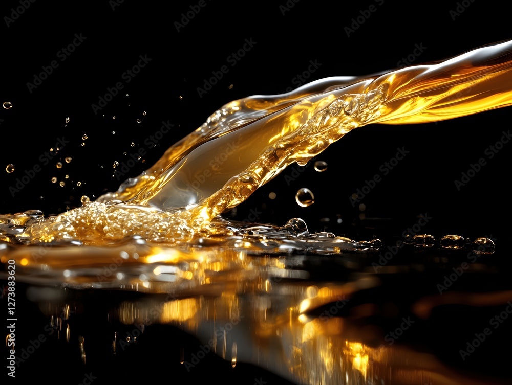 Poster golden liquid cascade against black backdrop capturing motion and reflection with dynamic flow