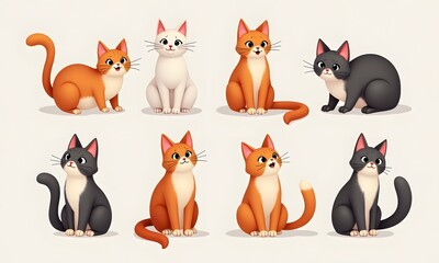 Adorable Multi-colored Cats Sitting Expressively on White Background