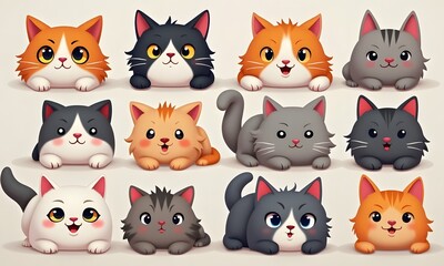 Twelve Charming Cartoon Kittens in Grid Layout with Direct Gaze