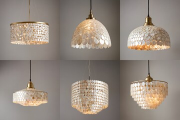 Six unique pendant lamps with gold-colored shells and white or beige shades hang from black strings against a gray wall, creating a harmonious and visually appealing display