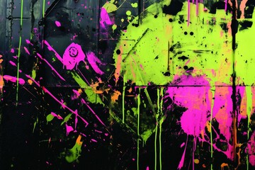 Fluorescent pink and green paint splashing on black metal surface