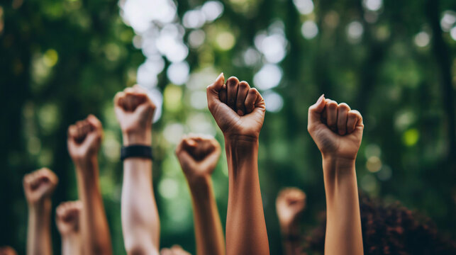 Diverse Hands Raised Together in Unity and Activism - Powered by Adobe