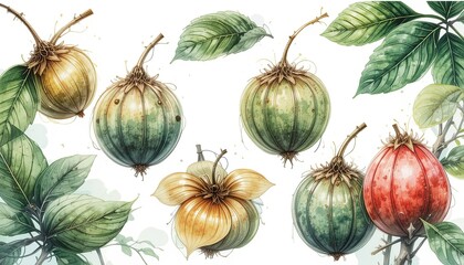Botanical illustration of colorful fruits nature art studio close-up gigapixel cgi