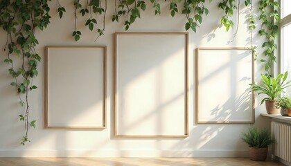Sunlit Serenity Three Blank Canvas Mockups Adorn a Bright Wall in a Plant-Filled Room, Inviting Creativity.