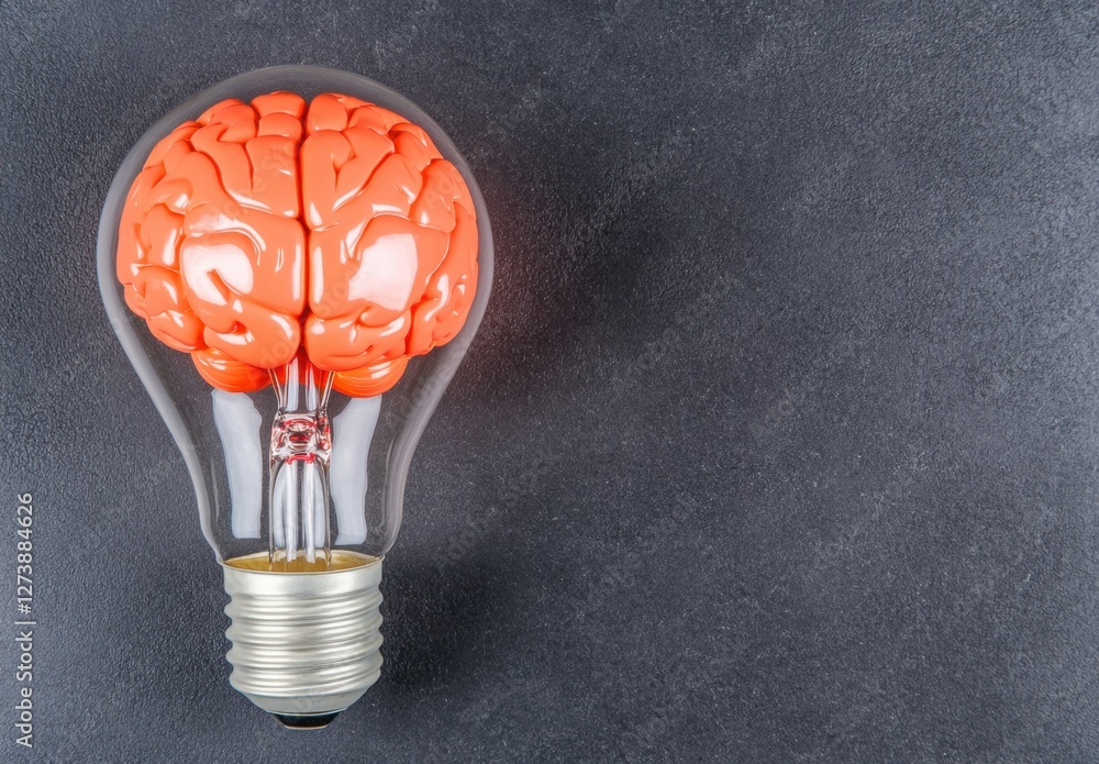 Poster overhead close up of a lightbulb containing a coral colored brain model against a dark gray textured