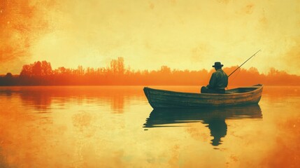 Vintage fishing illustration of a fisherman on a calm lake at sunset. Generative AI
