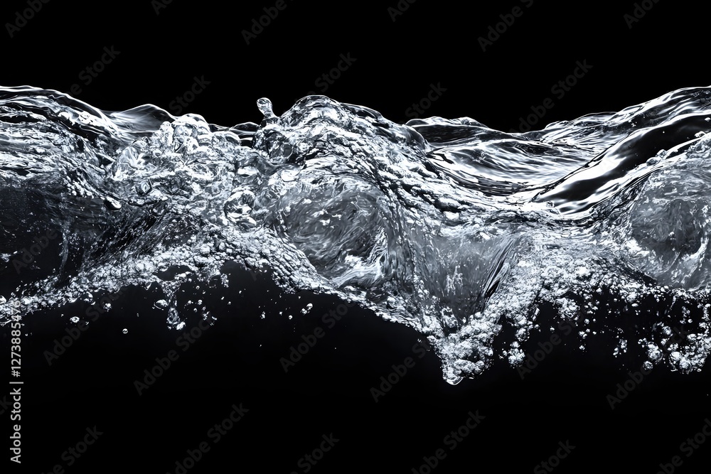 Poster liquid motion with splashing water detail against a black background creating dynamic texture
