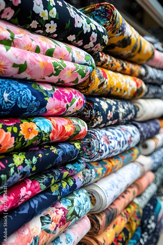 Poster stacked rolls of vibrant floral patterned fabrics creating a colorful and textured display