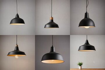 Obraz premium Six black pendant lights with varying light colors and shapes are arranged in a grid on a gray wall, each with a wooden base and a lightbulb, creating a harmonious and visually appealing arrangement