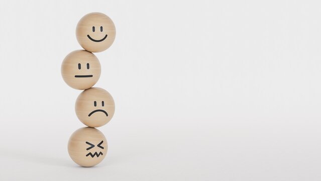 Customer service evaluation and satisfaction concepts. happy face smile face symbol on wooden blocks. Review, Rating, Satisfaction concepts.3D rendering on white background.