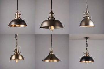 Obraz premium Six unique, black metal pendant lights with varying sizes and shapes hang from a white wall, each with a gold finish and hanging from a black cord