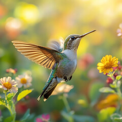 Fototapeta premium A beautiful scene of a hummingbird flying over a patch of blooming flowers in a sunny garden
