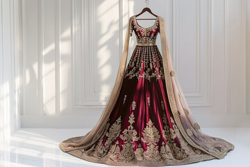 Indian wedding dress. Bridal lehenga. Bollywood red with gold wedding attire on hanger in luxury interior background. Festive traditional outfit. Beautiful ceremony dress. Banner