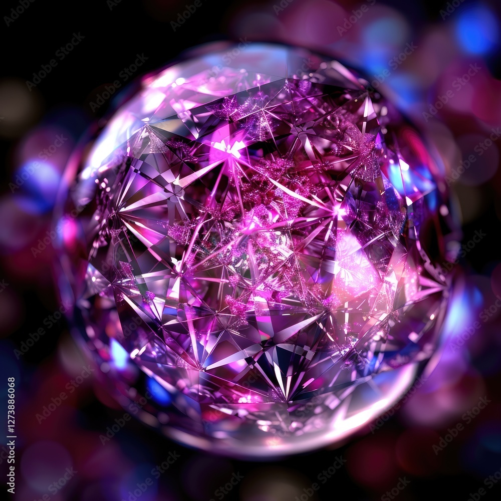 Poster colorful crystal sphere with intricate patterns and glowing reflections against a dark background
