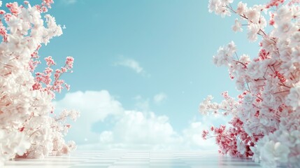 Serene Spring Landscape with Cherry Blossoms and Clear Blue Sky in Beautiful Daylight Setting