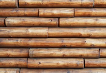 Detailed close up of a rustic bamboo wall, showcasing its natural textures and warm earthy tones. The bamboo pieces are arranged horizontally