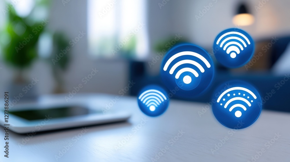 Poster a modern, digital setting featuring floating wi-fi symbols, indicating connectivity and technology, 