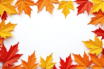 A colorful border of falling orange leaves against a bright white surface, leaf, nature