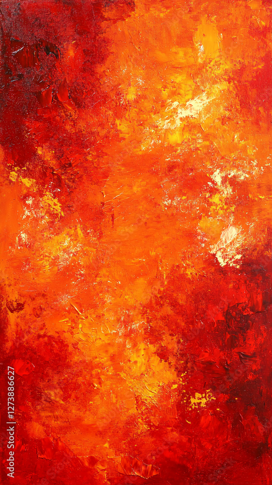 Poster abstract textured painting in shades of red and orange, depicting intense color splashes with a fier