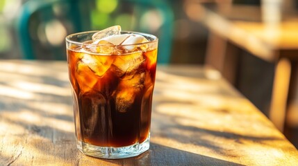 Iced coffee outdoors on a wooden table