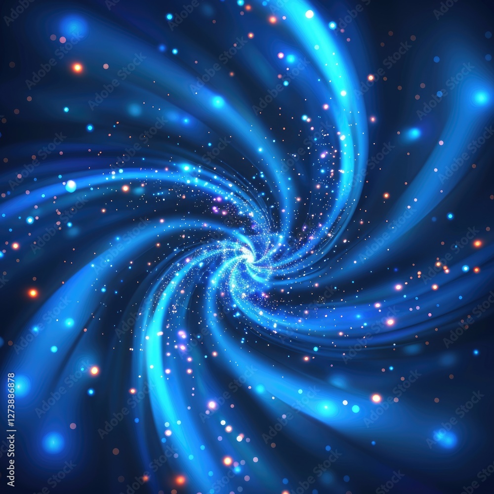 Poster spiraling blue cosmic vortex with sparkling particles in a dark space background