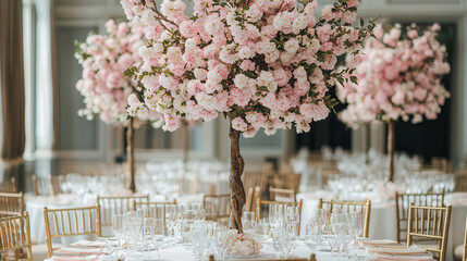beautiful wedding setup featuring tall cherry blossom trees, elegant table settings, and romantic atmosphere. Perfect for spring celebration