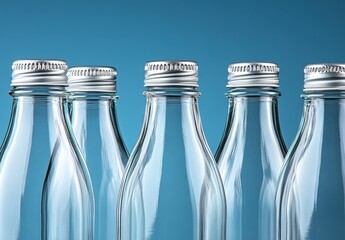 Five clear glass bottles with silver aluminum caps against a blue background. Studio lighting illuminates the smooth glass surfaces, creating