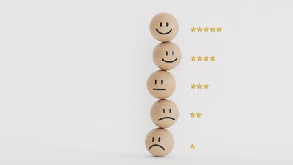 Customer service evaluation, feedback, and satisfaction survey concept. Checkmark on the checkBALL of a happy smiling emoticon wooden BALL blocks stacking on other emotion faces on white, copy space.