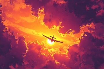 a plane silhouetted against a fiery sunset, the sky ablaze with warm oranges and purples, as the plane makes its way across the horizon.