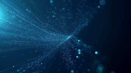 Fototapeta premium Abstract blue light streaks and particles converge to a central point, creating a futuristic and dynamic visual effect.