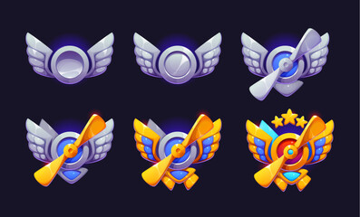 Obraz premium Aviation plane game rank badge, level medal with metallic wings, propellers, stars, gold and blue accents. Cartoon vector pilot progression icons evoke a sense of achievement, flight, and adventure