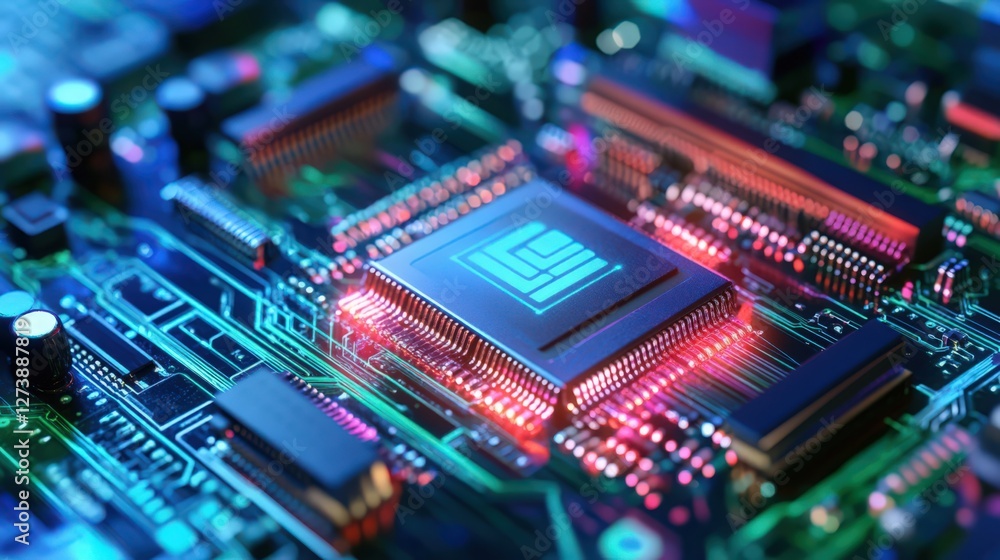 Poster illuminated electronic circuit board with microchips and components