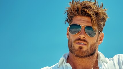 Man with stylish sunglasses enjoying a sunny beach day under a clear blue sky while taking in the ocean views