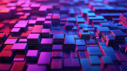 Vibrant abstract digital landscape with colorful squares and rectangles, showcasing blend of purple and blue hues. This visually striking image represents modern technology and innovation