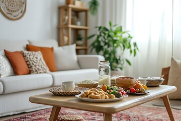 Stylish Living Room Decorated with Ramadan Kareem Ornaments.