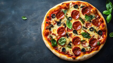 Delicious pepperoni pizza with fresh basil leaves on dark textured background top view