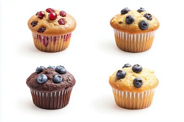 Collection of 4 muffin muffins top and front view set. Double chocolate chip, blueberry, cranberry on white background cutout. Mockup template for artwork design