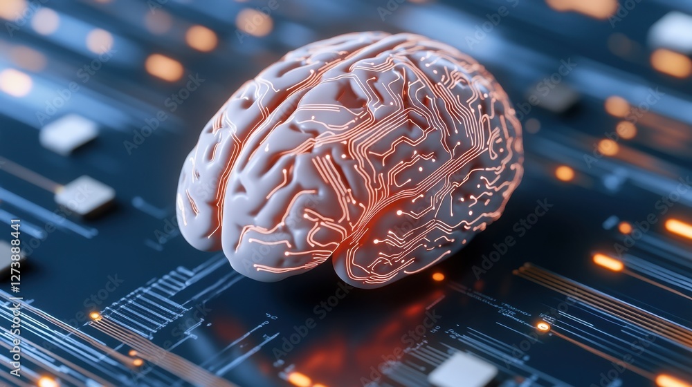 Poster glowing brain model on a circuit board, illuminated with warm light, technological concept of artifi