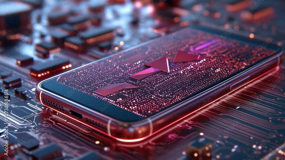 Poster close up view of a mobile device on a circuit board, glowing with pink and purple digital particles 