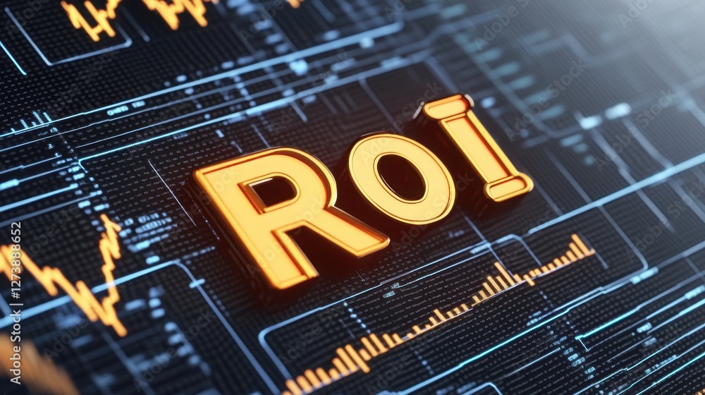 Poster glowing orange roi acronym on a dark digital circuit board background with data charts and graphs. a