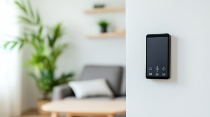 A modern smart thermostat mounted on a wall, with a cozy living room featuring plants and a sofa in the background.