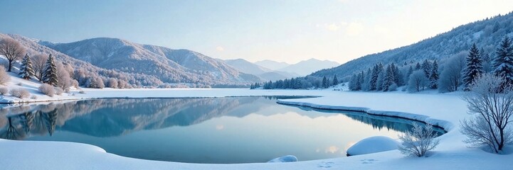 A frozen pond reflects the distant hills and trees, snow, frozen water, hilltop