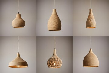 Obraz premium Six light fixtures, each with a unique design and color, are arranged in a grid against a beige wall, creating a harmonious and visually appealing display