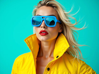Fototapeta premium Fashionable Woman in Oversized Blue Sunglasses & Yellow Jacket – Modern, Bold, High-Fashion Look with Vibrant Colors, Red Lipstick, and Turquoise Background – Trendy, Elegant, and Confident Aesthetic