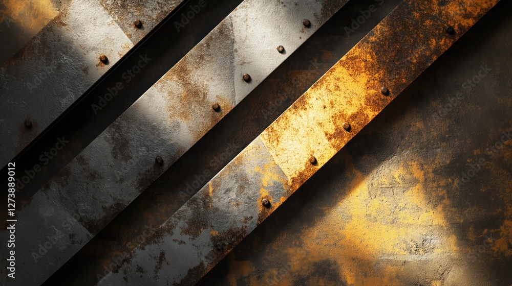 Poster rusty metal plates riveting a grunge wall creating a diagonal pattern
